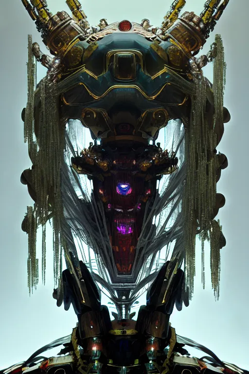 Image similar to asura from chinese myth, ghost, gorgeous and huge head ornaments, dystopian, cyberpunk, organic fractal mycelum and fungi, mecha, halfturn portrait of a big crystal face made of crystals half - turn, ominous, intricate, studio, art by anthony macbain + greg rutkowski + alphonse mucha, concept art, 4 k, sharp focus