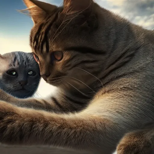 Prompt: cat - faced giant mans with his friend by his side, high definition movie, photorealistic detail, futuristic production, adventure movie, 8 k