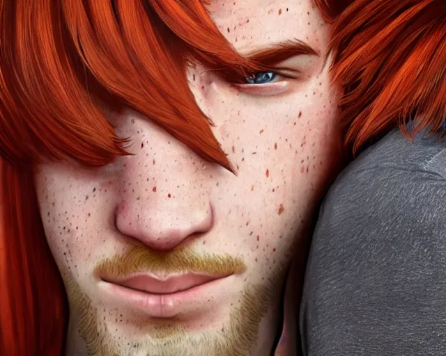 Image similar to portrait short and stocky of 1 9 - year - old male twins with red hair and freckles, two male, wearing shirts,, hyper realistic face, beautiful eyes, character art, art by mark brooks, hyperdetailed, cryengine, trending on artstation, digital art