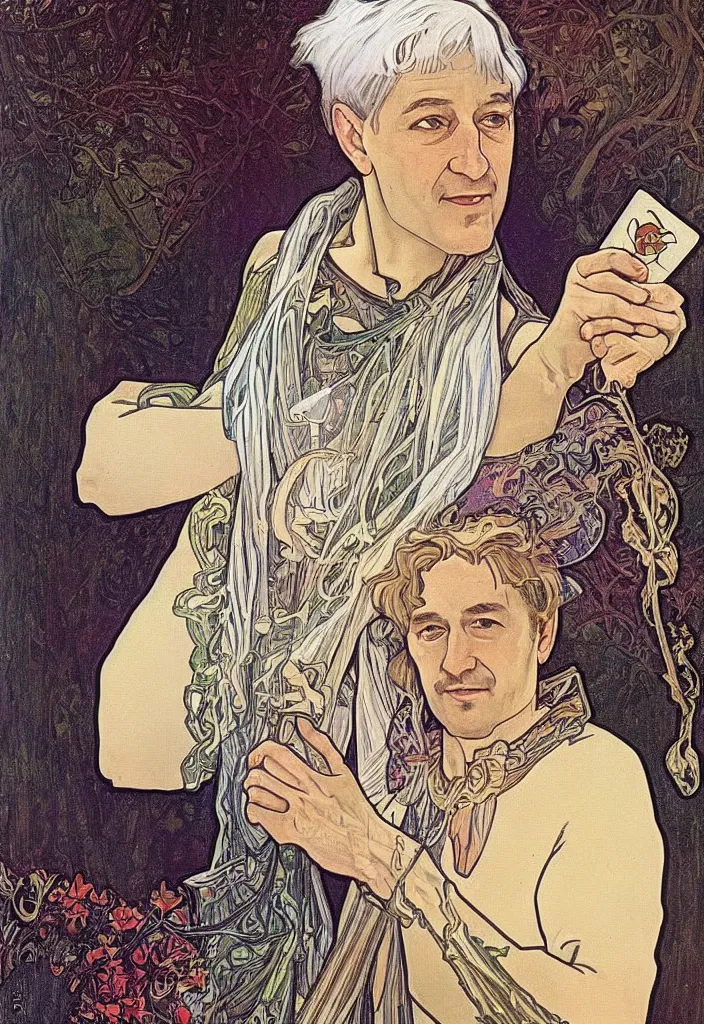 Image similar to realistic white - haired geoffrey hinton on a tarot card, tarot in art style by alphonse mucha