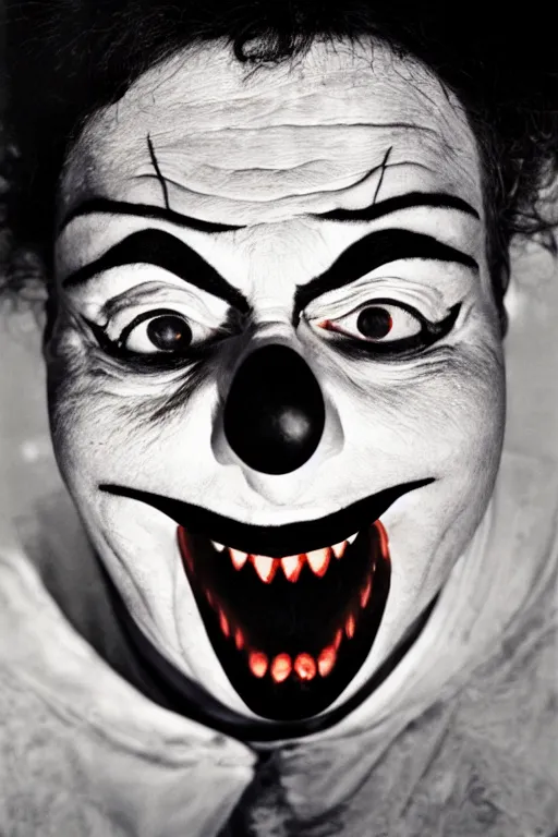 Image similar to picture of an angry clown by Cindy Sherman,