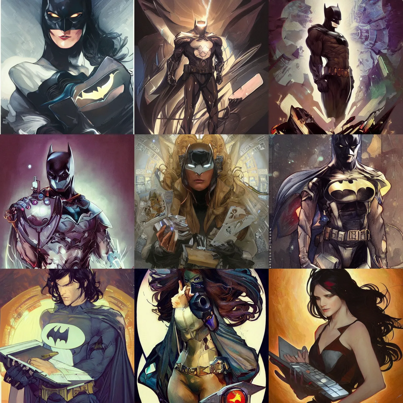 Prompt: digital character concept art by artgerm and greg rutkowski and alphonse mucha. batman with a laptop, beautiful, holding a stuff, detailed, poster art, light effect, glowing, hyper detail, intricate, elegant, digital painting, artstation, smooth, sharp focus