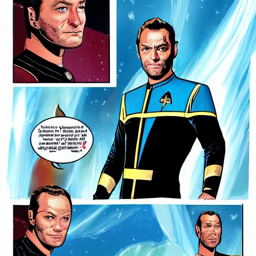 Image similar to Jude Law as a Star Trek captain, comic book art