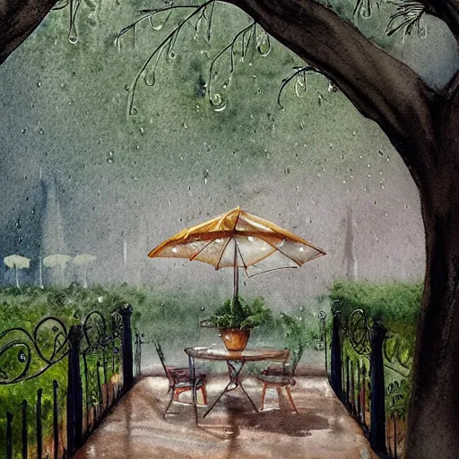 Prompt: delicate rain, symmetric, chairs, garden, paved, botanic watercolors, iridescent, 8 k, realistic shaded, fine details, artstation, italian, iron gate, tree, mediterranean, marvelous