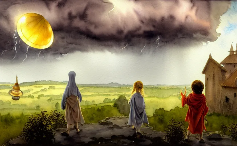 Image similar to a hyperrealist watercolor concept art of an elegant alien and a golden ufo in the sky above a small medieval town during a thunderstorm. a dirty medieval peasant child is in the foreground pointg up at the sky. very muted colors, by rebecca guay, michael kaluta, charles vess. high detail, hq, wide shot, 4 k