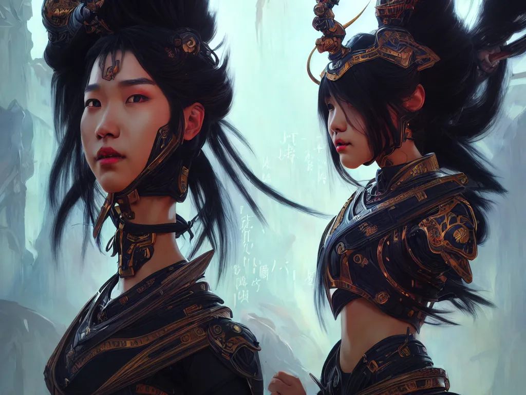 Image similar to portrait hero action pose of futuristic black hair female knights of zodiac, abstract chinese dragon concept art, d & d, at neon light ancient temple, highly detailed, digital painting, artstation, sharp focus, illustration, art by tan zi and ayanamikodon and alphonse mucha and wlop