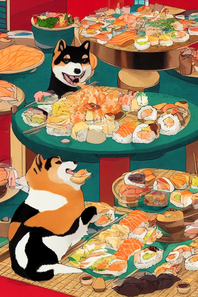 Image similar to a portrait of a shiba inu dog eating sushi in a sushi carousel restaurant, in the art style of studio ghibli, artistic, colorful palette, highly detailed