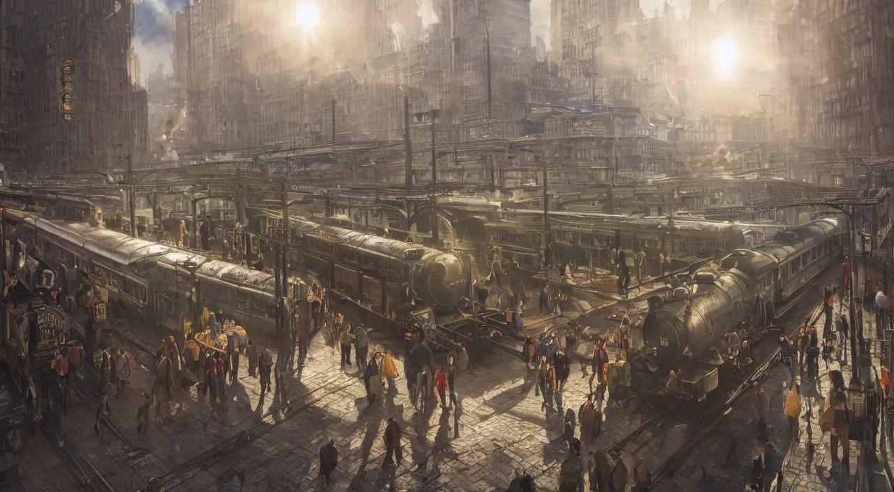 Image similar to photorealistic subway station with arriving steam trains, daylight, sunlight, lens flare, highly detailed, digital painting, artstation, concept art, smooth, sharp focus, 8k, photorealistic, 25mm f/1.7 ASPH Lens, ultra realistic steampunk illustration, art by greg rutkowski and alphonse mucha