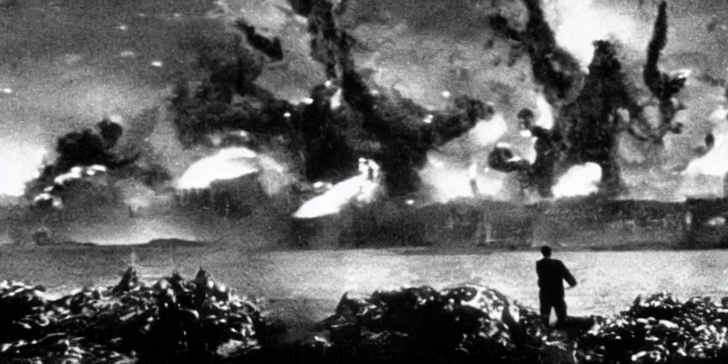 Image similar to a filmstill of Kim Jong-il, monster destroying Pyongyang, in Godzilla (1954) by Ishirō Honda, epic ultrawide shot, cinémascope