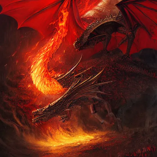 Image similar to epic fantasy painting of red dragon breathing fire towards knight, by john avon, by seb mckinnon, high detail, fantasy battle, by christopher rush