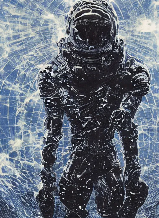 Image similar to astronauts in dark and empty void underwater - complex and hyperdetailed technical suit. reflection and dispersion materials. rays and dispersion of light. volumetric light. 5 0 mm, f / 3 2. noise film photo. flash photography. ultra realistic, wide angle. poster by wayne barlowe, hajime sorayama aaron horkey, craig mullins