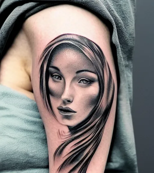 Image similar to tattoo design sketch of a beautiful woman face with a faded background of beautiful mountains and nature on her side, hyper - realistic, in the style of den yakovlev, amazing detail, black and white