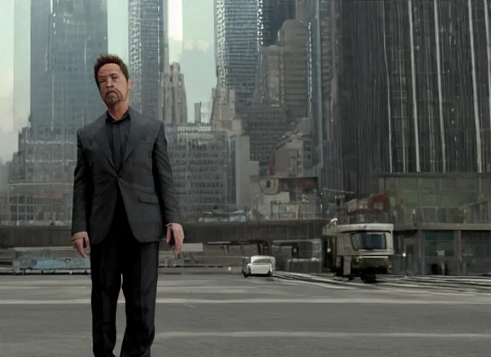 Image similar to film still of Robert Downey Jr as Cobb with the world bending as a series of mirrors in the background in Inception, 4k