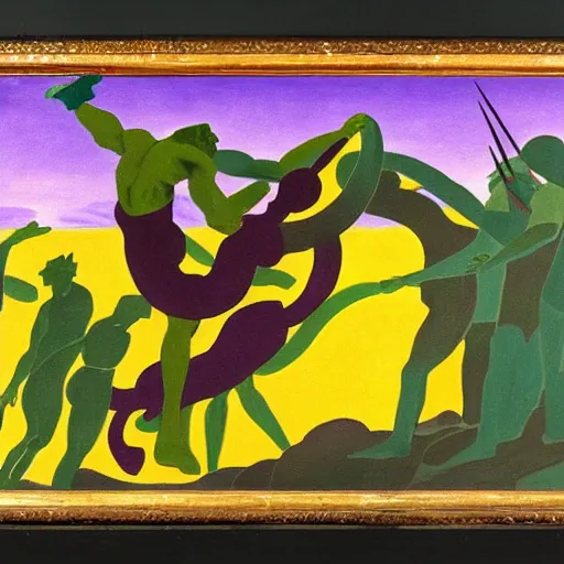 Image similar to oil on masonite painting by aaron douglas of a scene from greek mythology of medusa, green yellow and purple