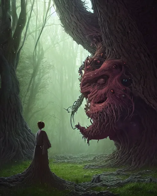 Image similar to highly detailed surreal vfx portrait of a cursed monster in a shadowy forest by a willow tree, stephen bliss, unreal engine, greg rutkowski, loish, rhads, beeple, makoto shinkai and lois van baarle, ilya kuvshinov, rossdraws, tom bagshaw, alphonse mucha, global illumination, detailed and intricate environment