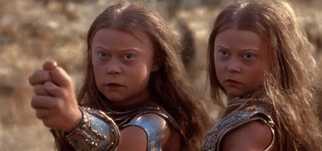 Image similar to still of greta thunberg as conan in conan the destroyer ( 1 9 8 4 )