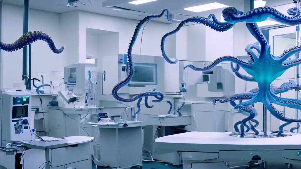 Prompt: a complex bifurcated surgical arm hack mri 3 d printer machine making colorful mutant octopus forms and control panels in the laboratory inspection room, film still from the movie directed by denis villeneuve with art direction by salvador dali, wide lens