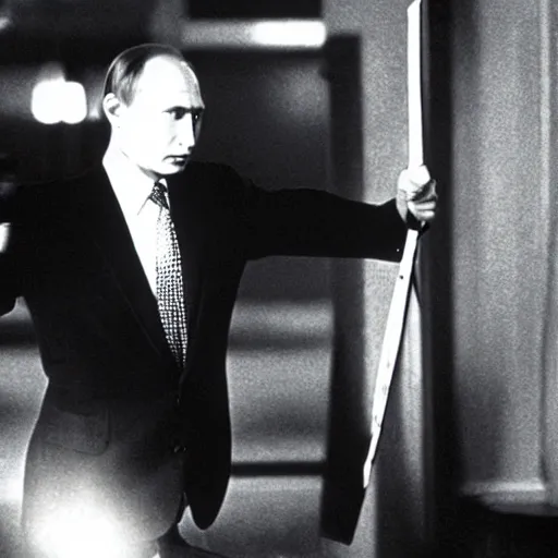 Prompt: Vladimir Putin with an axe in American Psycho (1999)