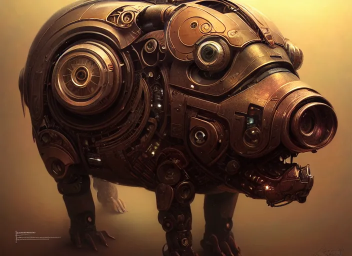 Prompt: portrait shot of a cyberpunk robot pig, intricate, elegant, highly detailed, centered, digital painting, artstation, concept art, smooth, sharp focus, illustration, artgerm, tomasz alen kopera, peter mohrbacher, donato giancola, joseph christian leyendecker, wlop, boris vallejo