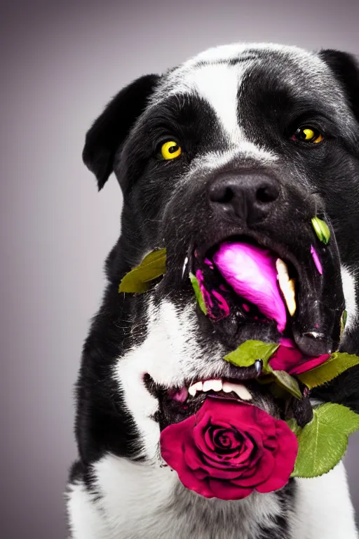 Image similar to black dog holding rose in his mouth with green eyes, gold earring on ear, studio lighting, 4 k, realistic, chromatic abberation, global illumination