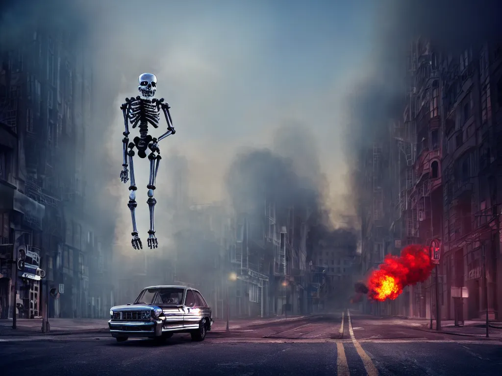 Image similar to t 1 0 0 endoskeleton on a city street, smoke, fi, chrome, shiny, reflective, metallic, 3 d, render, realistic, hdr, stan winston studios, dramatic lighting, flame colors bright