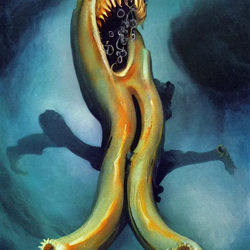 Prompt: Underwater Tentacle Pandomonium;Art by Greg Manchess, Art Direction by Jeremy Jarvis; painting spiraling inward; Deep sea horror; teeth and eyes; illustration; balanced negative space; perfect composition;