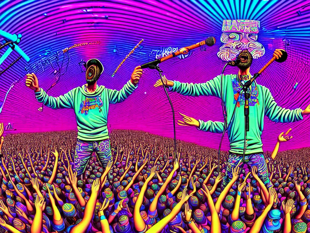 Image similar to rapping on stage at festival, holding microphone, giant crowd, epic angle, happy, psychedelic, hip hop, surreal, neon, vaporwave, detailed, illustrated by Alex Grey, 4k