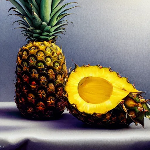 Image similar to A beautiful still life oil painting of a pineapple lying on a silk cloth, fog, volumetric lighting, summer, hyperrealistic, hyperdetailed.