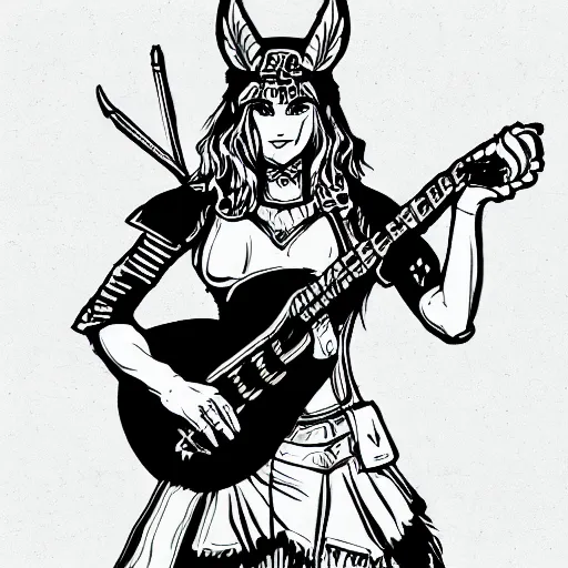 Prompt: valkyrie warrior playing guitar neon at battle ragnarok drawing monochrome