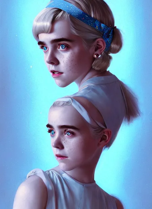 Image similar to portrait of kiernan shipka with freckles, white hair, 1 9 6 0 s bob hairstyle with bangs and hairband, blue 1 9 6 0 s dress, intricate, elegant, glowing lights, highly detailed, digital painting, artstation, concept art, smooth, sharp focus, illustration, art by wlop, mars ravelo and greg rutkowski