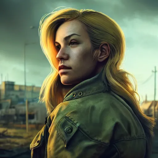 Image similar to fallout 5, charismatic beautiful rugged blonde female protagonist, portrait, outdoors ruined cityscape, atmospheric lighting, painted, intricate, volumetric lighting, beautiful, daytime, slight overcast weather, sharp focus, deep colours, golden hour, ultra detailed, by leesha hannigan, ross tran, thierry doizon, kai carpenter, ignacio fernandez rios