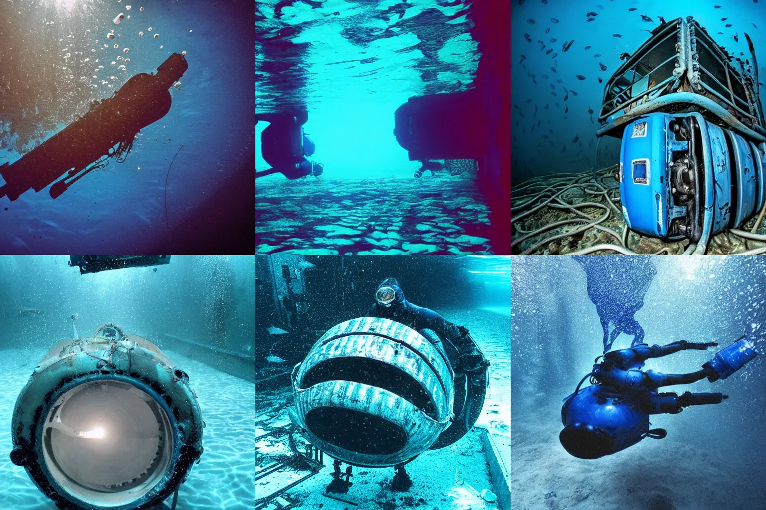 Prompt: Submechanophobia, underwater, very blue, very deep