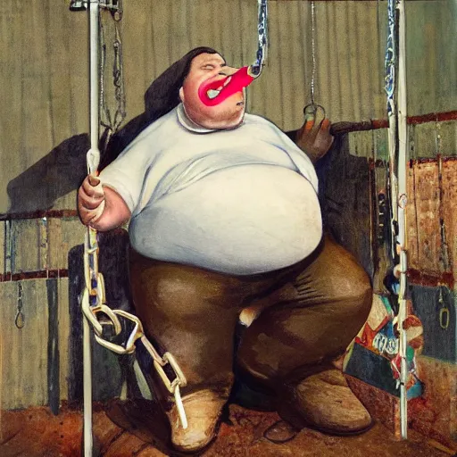 Image similar to an obese man with his mouth stuffed with popsicles mounted on chains and metal spikes by Michael Wheelan