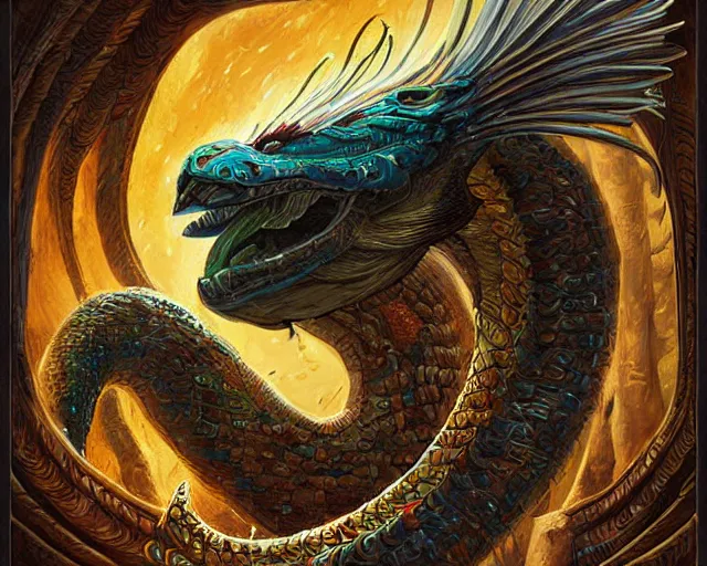 Prompt: digital painting of quetzalcoatl by filipe pagliuso and justin gerard, symmetric, fantasy, detailed, intricate, sharp focus, tarot card, gwent