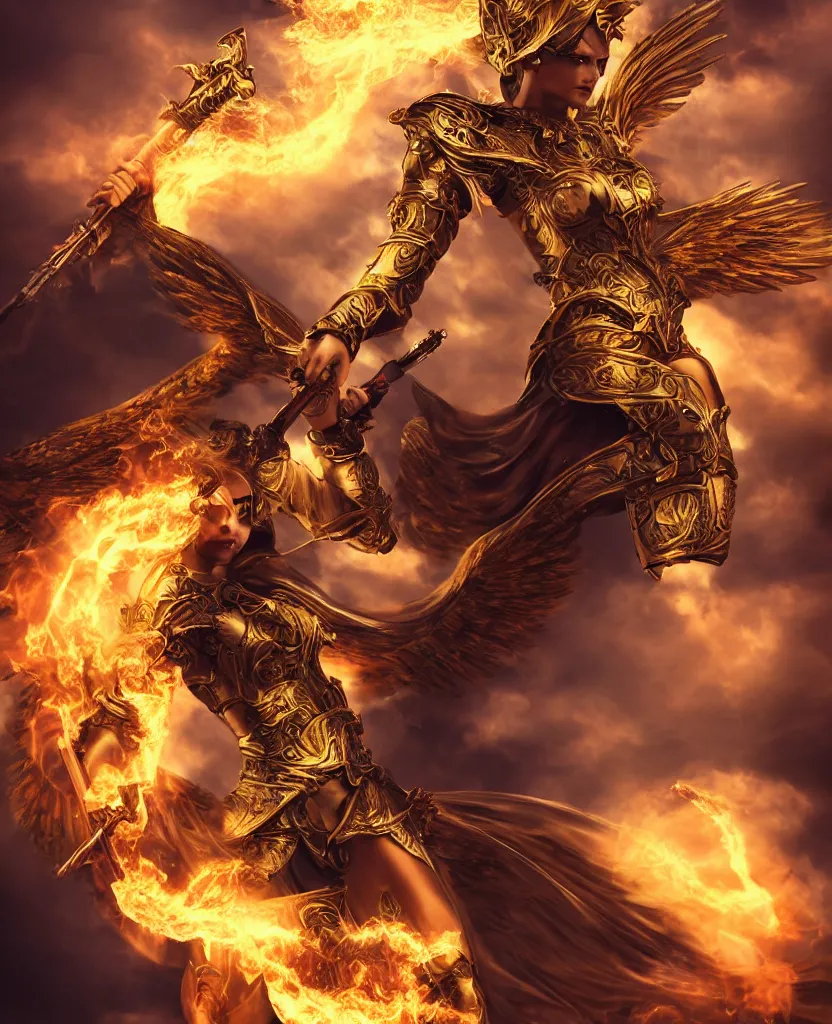 Image similar to A fiercely beautiful woman in golden angelic battle armor wielding a flaming sword, among heavenly clouds, medium shot, mid-shot, waist shot, cinematic, epic, 4k, stylized, realism