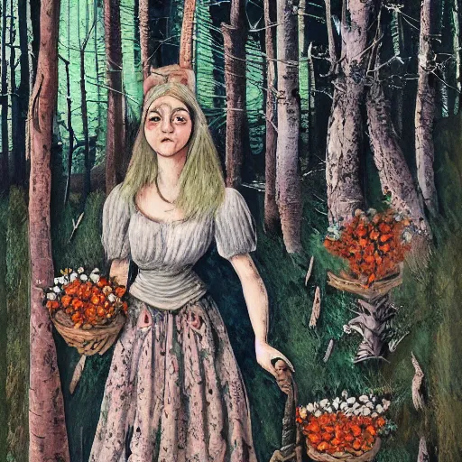 Image similar to In the photograph Vasilisa can be seen standing in the forest, surrounded by animals. She is holding a basket of flowers in one hand and a spindle in the other. Her face is turned towards the viewer, with a gentle expression. In the background, the forest is depicted as a dark and mysterious place. by Jean Dubuffet, by Kevin Sloan dynamic, geometric