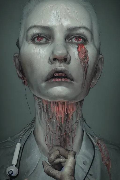 Image similar to grunge portrait of a creepy nurse girl in a manual asylum, intricate artwork, nightmare fuel, terrifying, by beeple, zdzisław Beksiński, dan mumford , trending on artstation, greg rutkowski very coherent artwork. cinematic, hyper realism, high detail, octane render, 8k