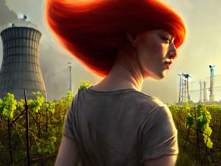 Image similar to red hair girl, chernobyl powerplant!!!, rubble, ruins!!, flowers, vines, hyperrealistic, highly detailed, cinematic, single ray of golden sunlight, beautiful, cgssociety, artstation, 8 k, oil painting by greg rutkowski, by artgerm, by wlop