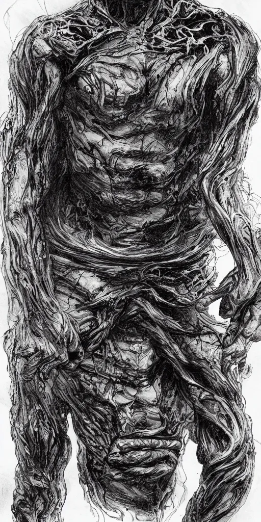 Image similar to concept art of a man with his body covered in burns, with black smoke coming out of his hands, full body, dark colors, sinister atmosphere, dramatic lighting, cinematic, establishing shot, extremely high detail, photo realistic, cinematic lighting, pen and ink, intricate line drawings, by Yoshitaka Amano, Ruan Jia, Kentaro Miura, Artgerm, post processed, concept art, artstation, matte painting, style by eddie mendoza, raphael lacoste, alex ross,