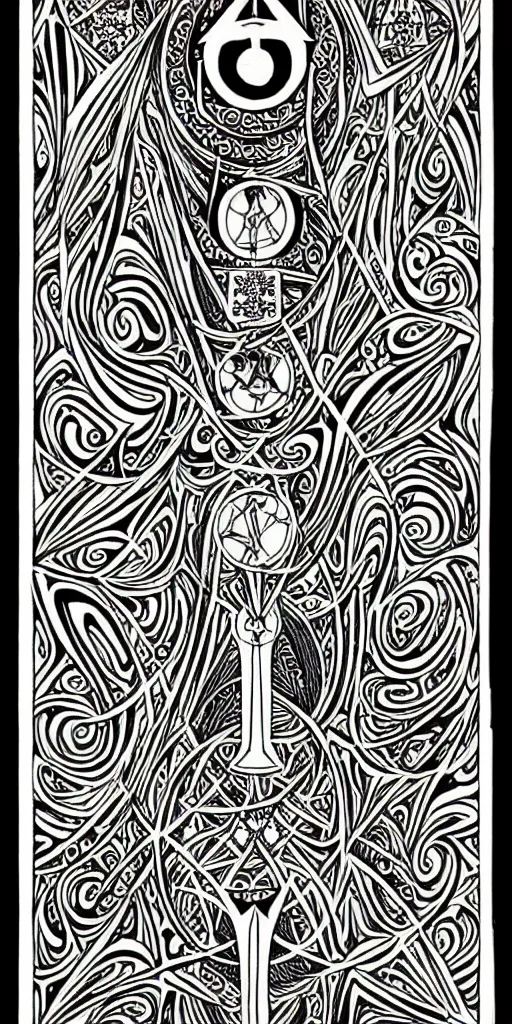 Image similar to a beautiful black and white fractal tarot card featuring bold occult imagery with clean lines. 👹. detailed adult coloring book