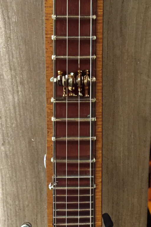 Prompt: a steampunk six string acoustic guitar fretboard