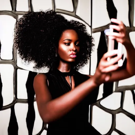 Image similar to Close up of a black female fashion model wearing an edgy black dress doing selfie in room of mirrors, photography , fashion magazine editorial , highly detailed