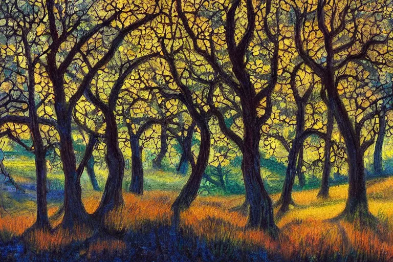 Image similar to masterpiece painting of oak trees on a hillside overlooking a creek, dramatic lighting, by alayna danner