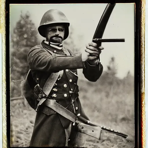 Image similar to Man aiming a musket, wearing World War 1 Stahlhelm, postapocalyptic, old polaroid photo