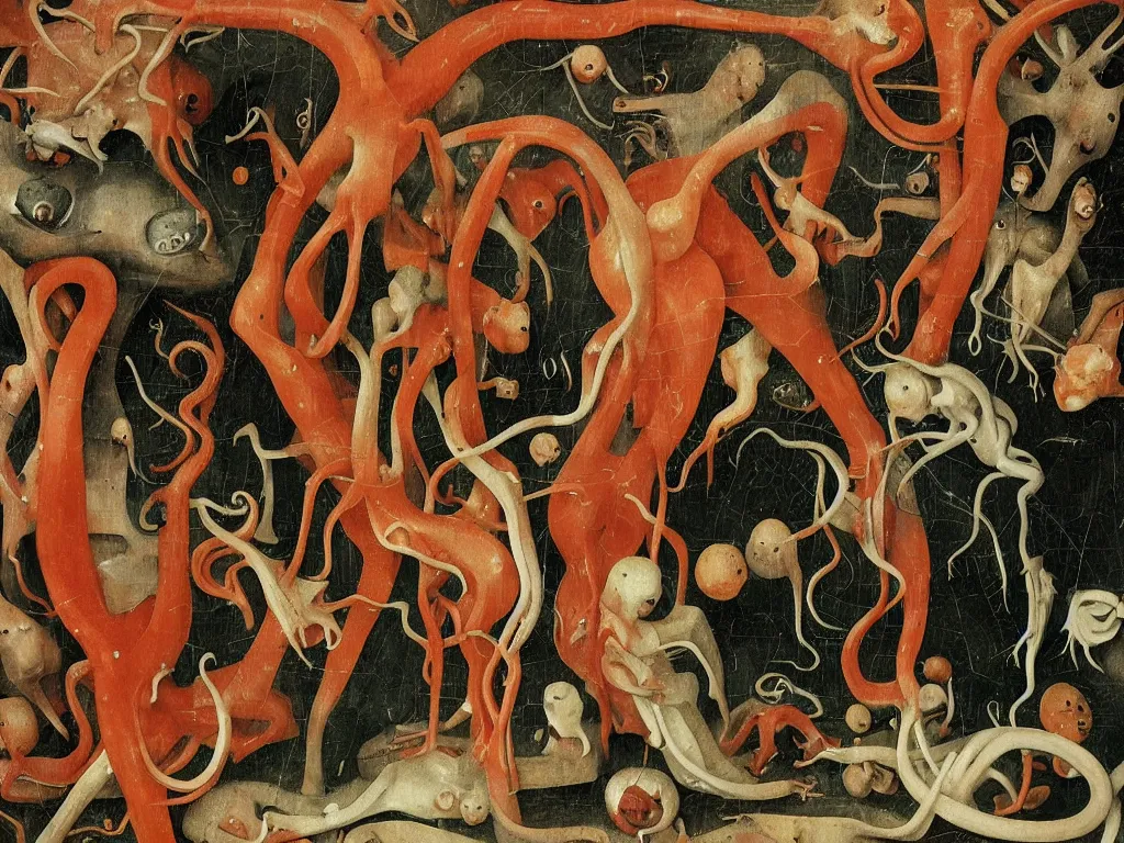 Prompt: a world of flesh in contrasting colors, hieronymous bosch, tentacles and nervous system cells, shiny flesh colored walls that are alive, loss of molecular cohesion,