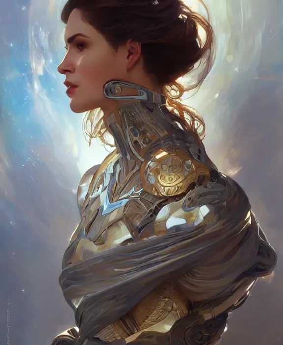 Prompt: portrait of a futuristic woman, half body, d & d, fantasy, intricate, elegant, highly detailed, digital painting, artstation, concept art, art by artgerm and greg rutkowski and alphonse mucha, boris vallejo