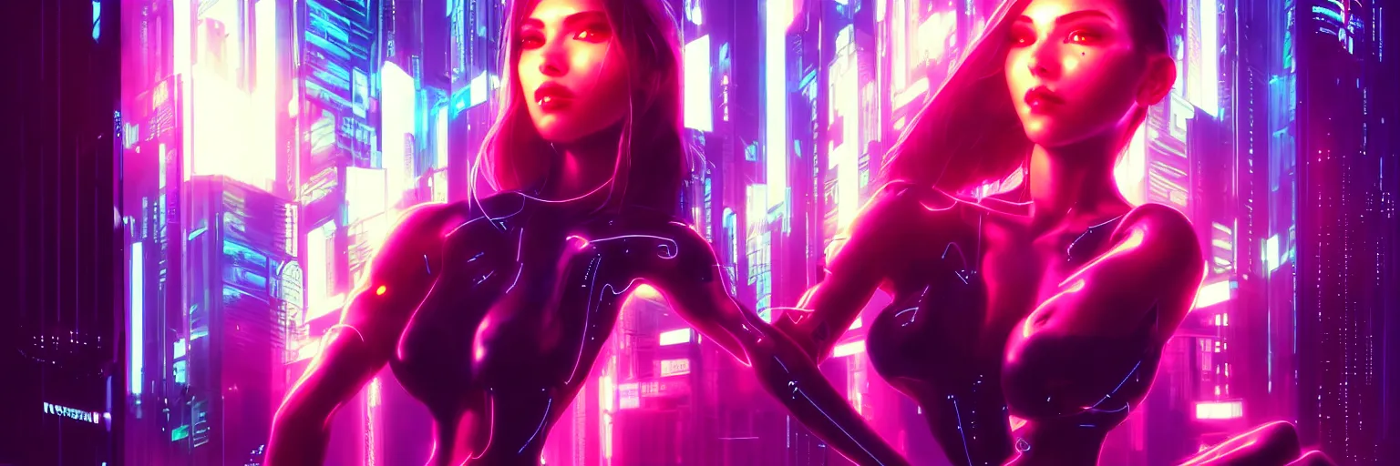 Prompt: portrait of one female humanoid in a cyberpunk cityscape, half body cropping, elegant glamor pose, accurate anatomy, cyber led neon lighting, bokeh, rule of thirds, hyper photorealistic, crispy quality, digital photography, art by pascal blanche, art by artgerm, art by greg rutkowski,