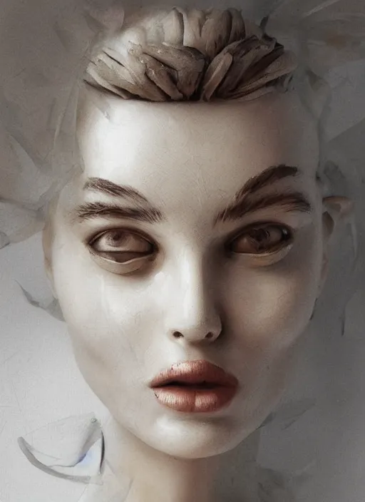 Image similar to sculpture made of wood, portrait, female, future, harper's bazaar, vogue, magazine, intricate, cinematic lighting, concept art, close up, ornate, luxury, elite, elegant, trending on artstation, by ruan jia, by Kenneth Willardt, by ross tran, by WLOP, by Andrei Riabovitchev,