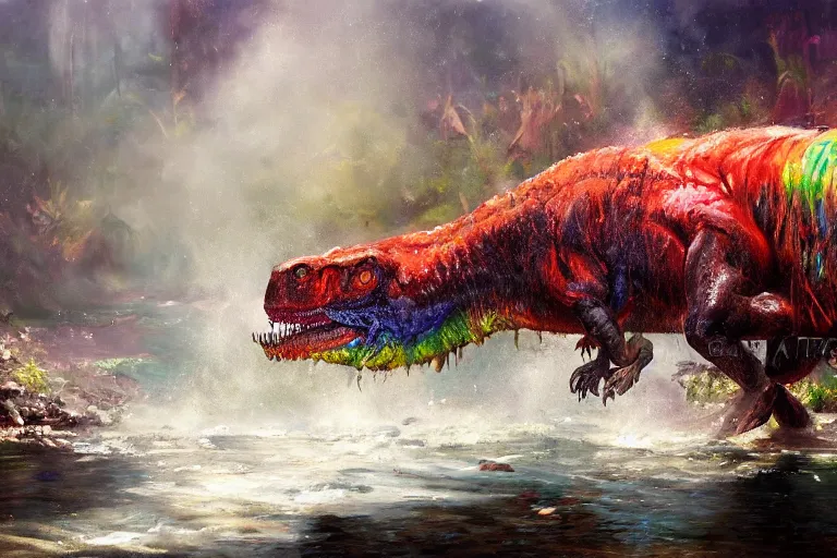 Prompt: highly detailed oil painting of a tyrannosaurus rex in a steaming colorful hotspring stream, featured on artstation