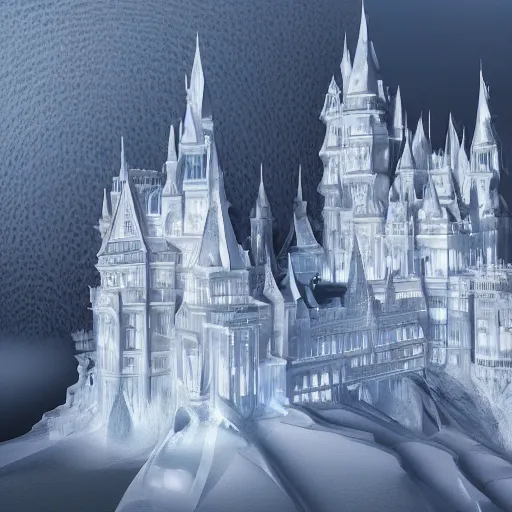 Prompt: Photo of a beautiful castle made of Ice designed by Zaha Hadid digital art